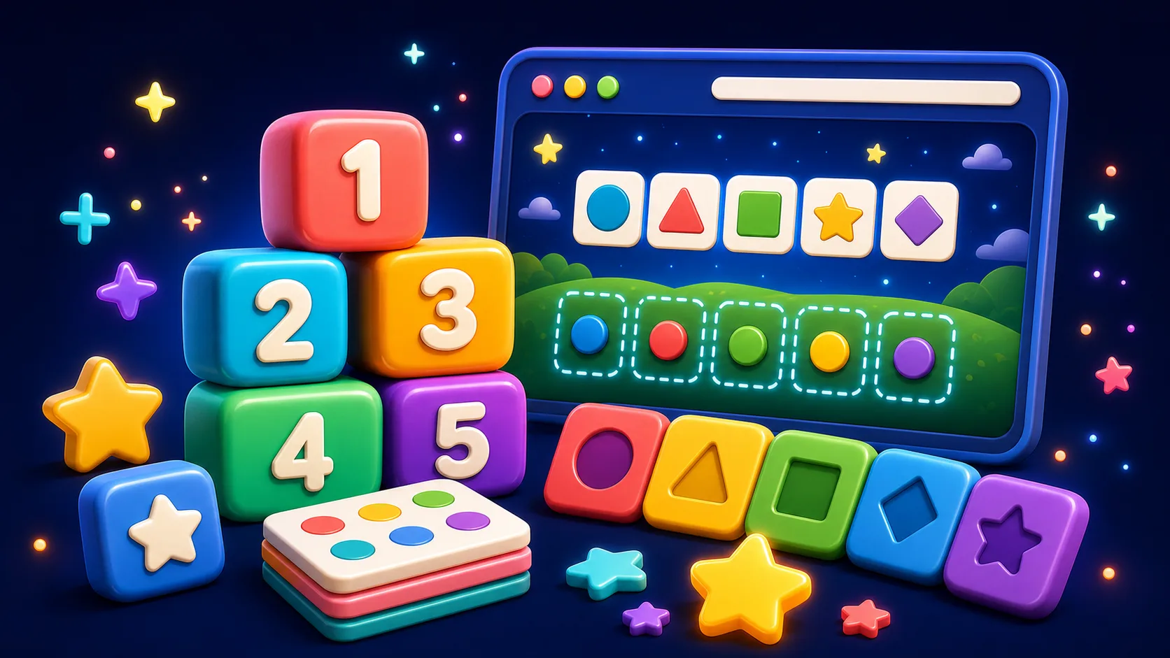Original illustration of counting squares, shape cards, star counters, and a gentle browser game screen.