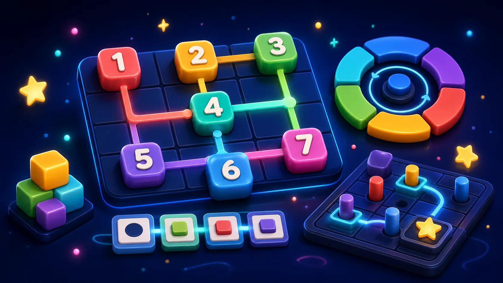 Original illustration of route grids, connected nodes, rotating board pieces, and peg puzzle elements.