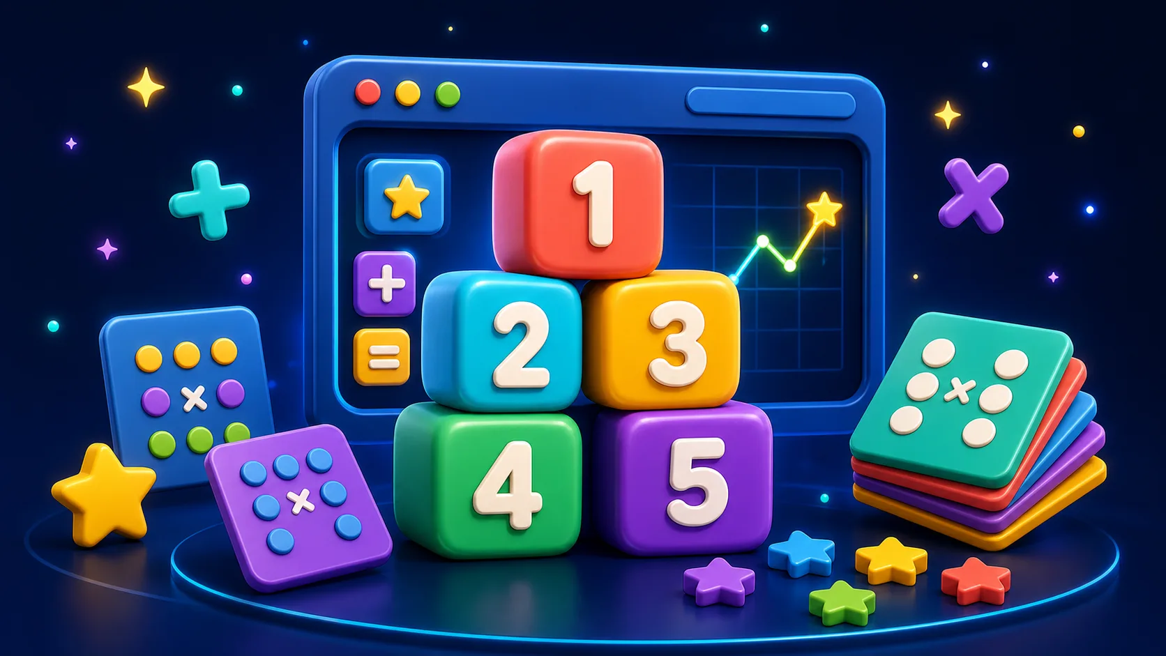 Original illustration of colorful number tiles, star counters, and a browser math game board.