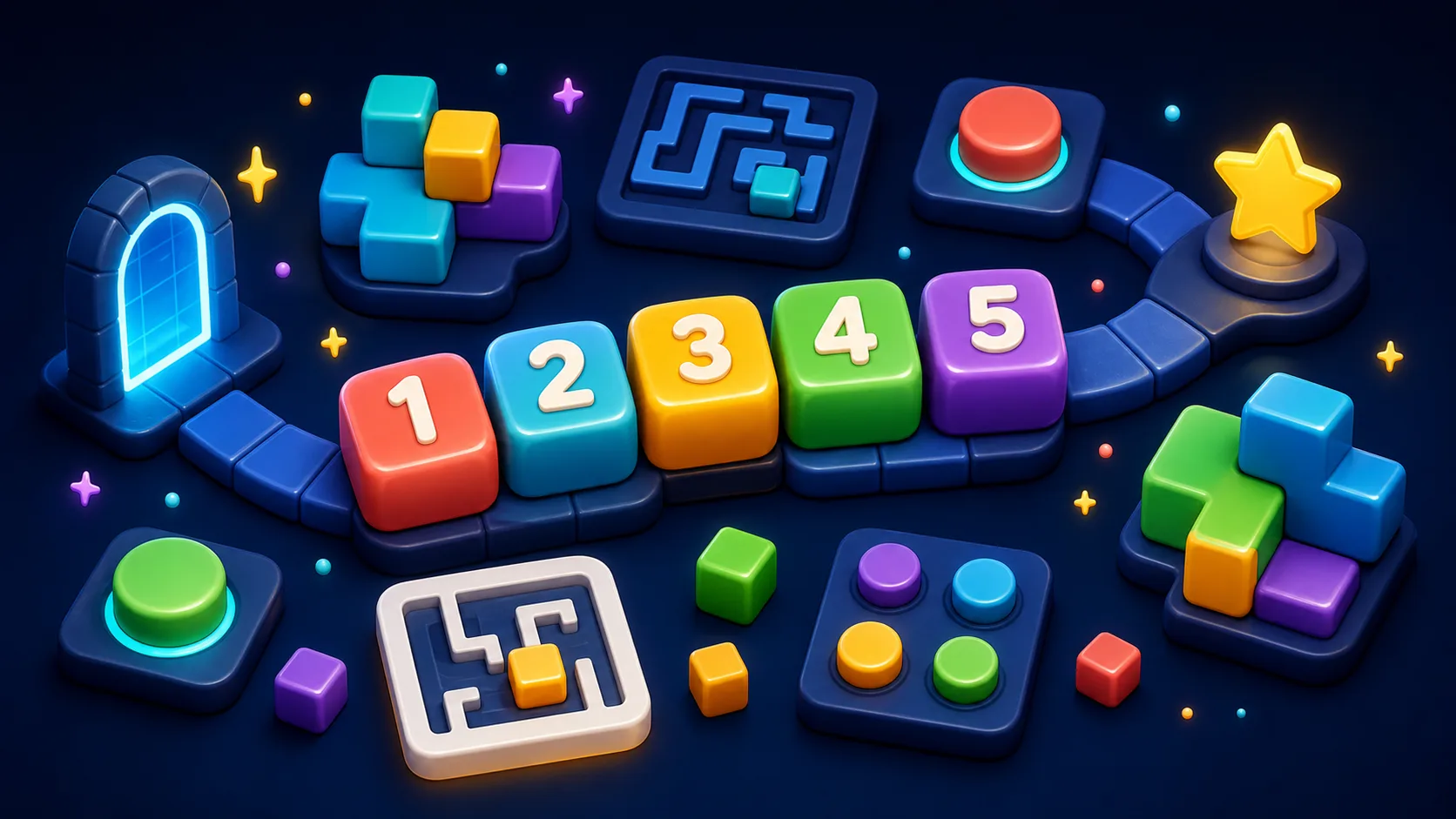 Original illustration of puzzle blocks, maze tiles, switches, and a browser puzzle game scene.