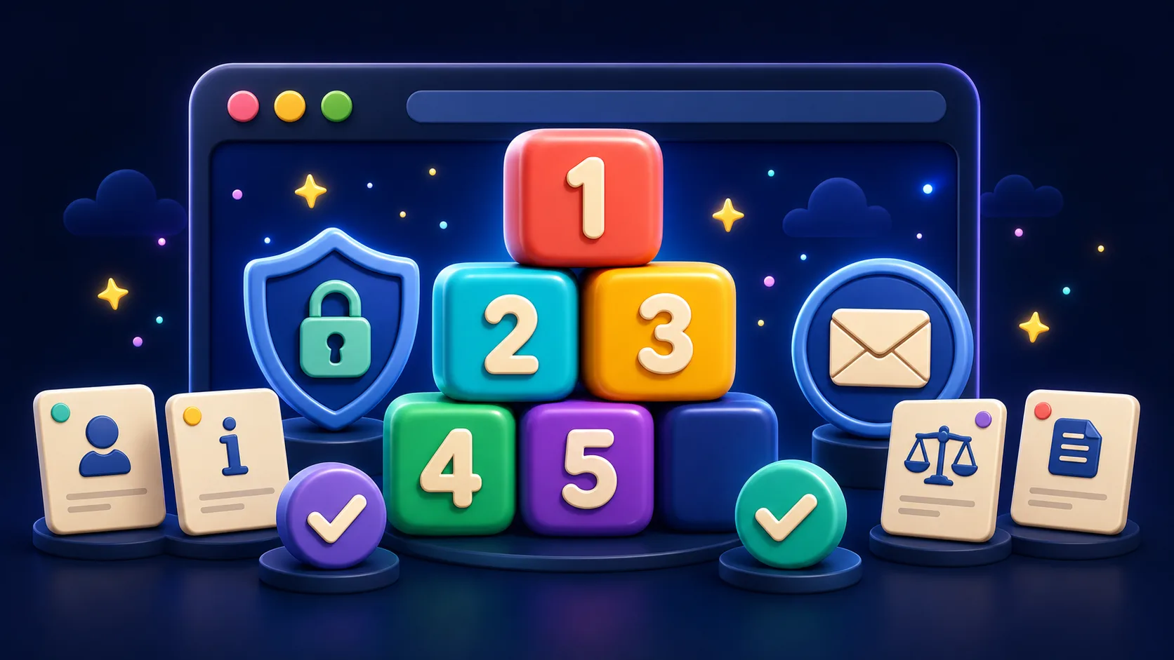 Original illustration of browser game review cards and contact symbols on a desk.