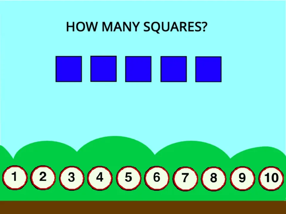 Counting Squares runtime round with five blue squares and numbered answer buttons.