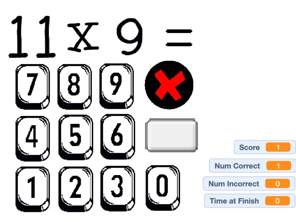 Multiplication Game after a correct response with Score and Num Correct both set to 1.