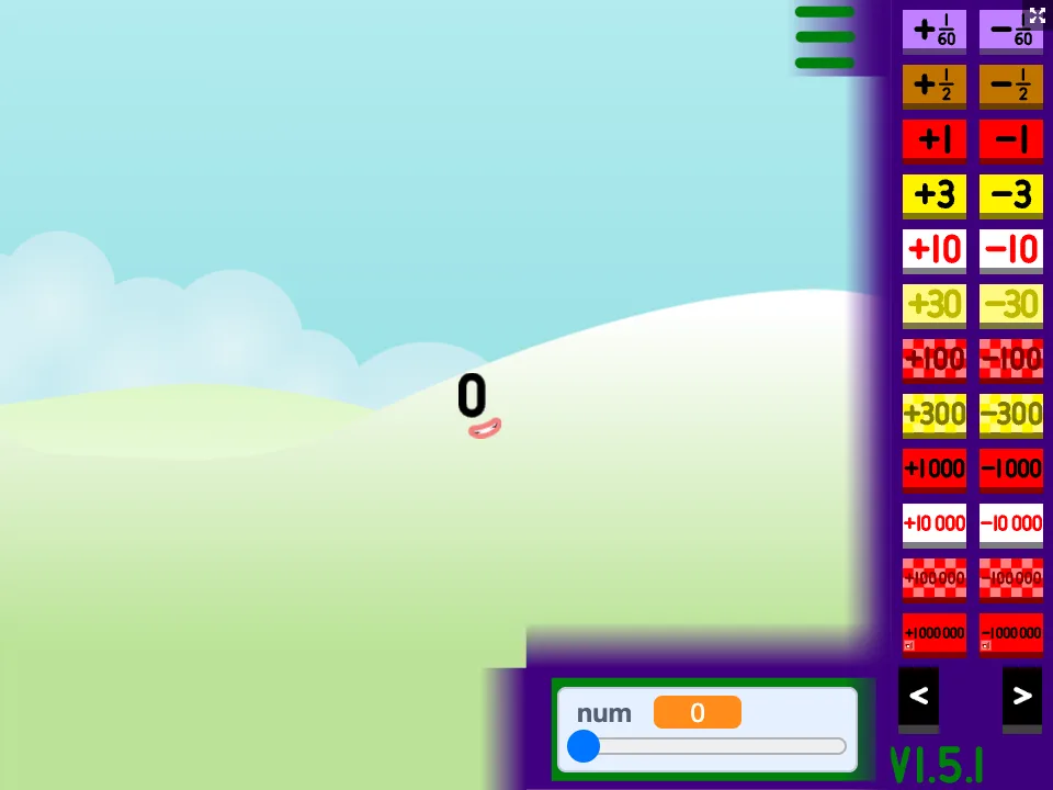 Numberblocks Generator runtime value menu with positive and negative jump buttons and a slider.