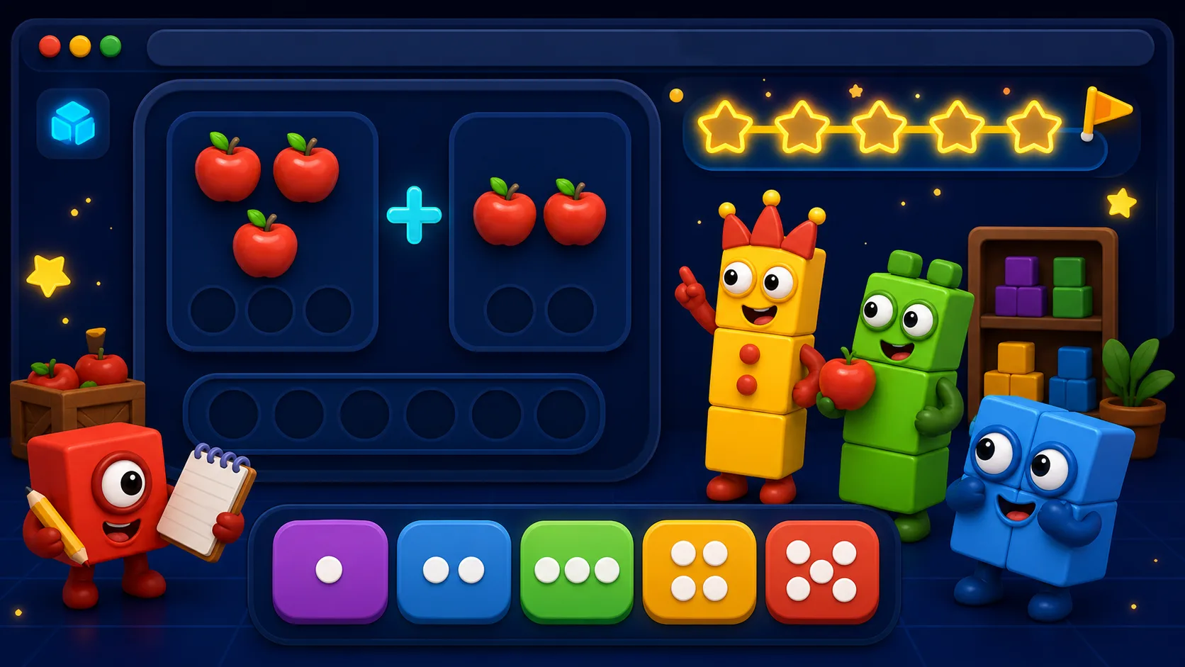 Original number-block style guide artwork showing small-sum addition with apple counters, answer buttons, and star progress.