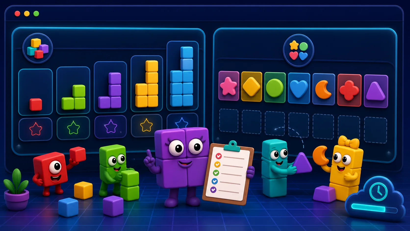 Original number-block style guide artwork showing counting blocks, ordering tiles, and a helper character in a kids learning game UI.