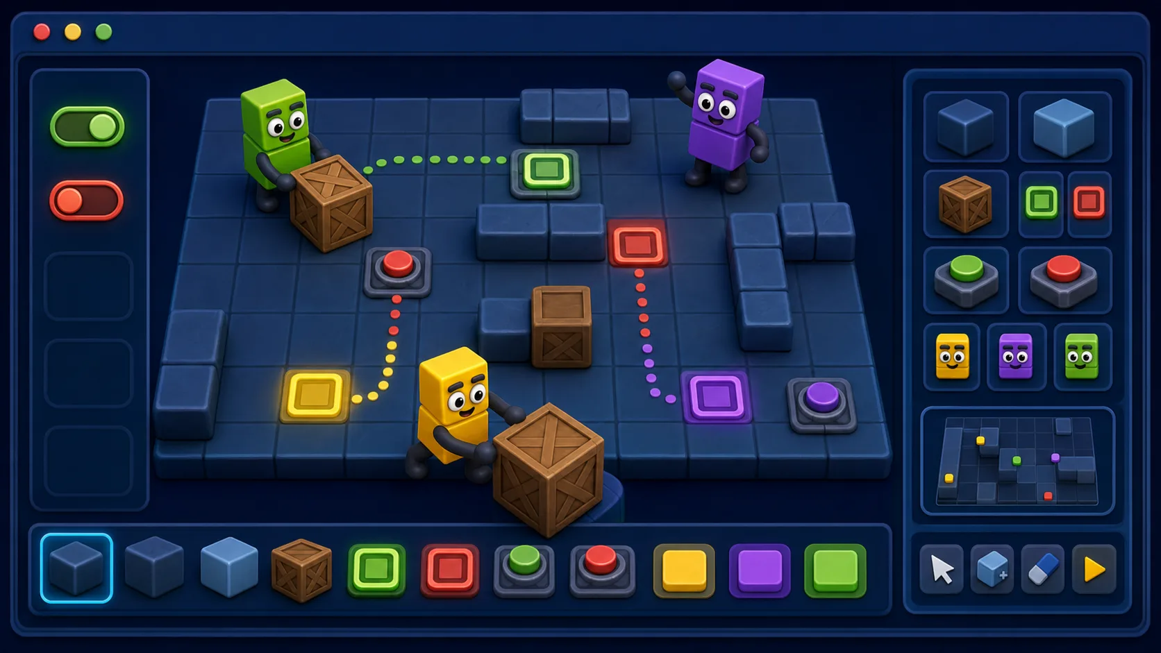 Original number-block style guide artwork showing a grid puzzle board, colored cubes, switches, boxes, and editor icons.
