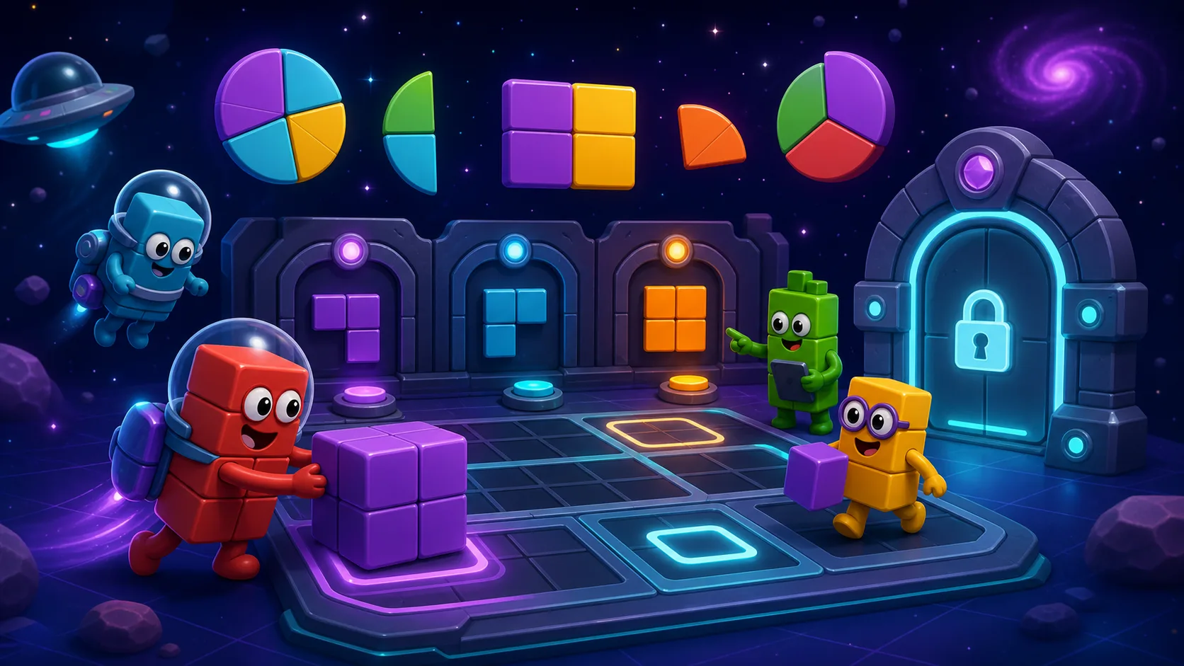 Original number-block style guide artwork showing cube explorers, fraction puzzle pieces, blocks, and a glowing space door.