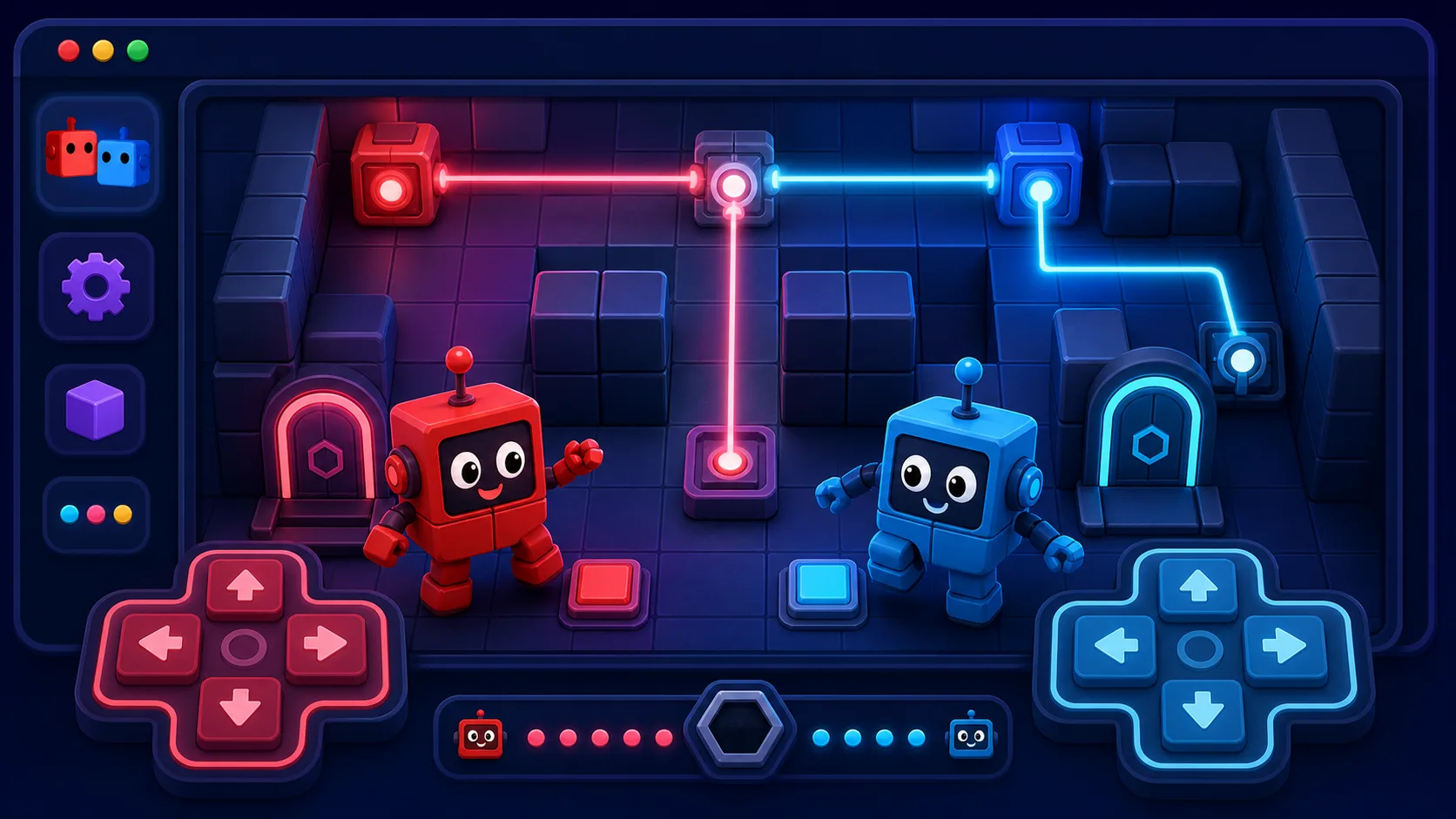 Original number-block style guide artwork showing red and blue cube robots, laser paths, and two control pads.