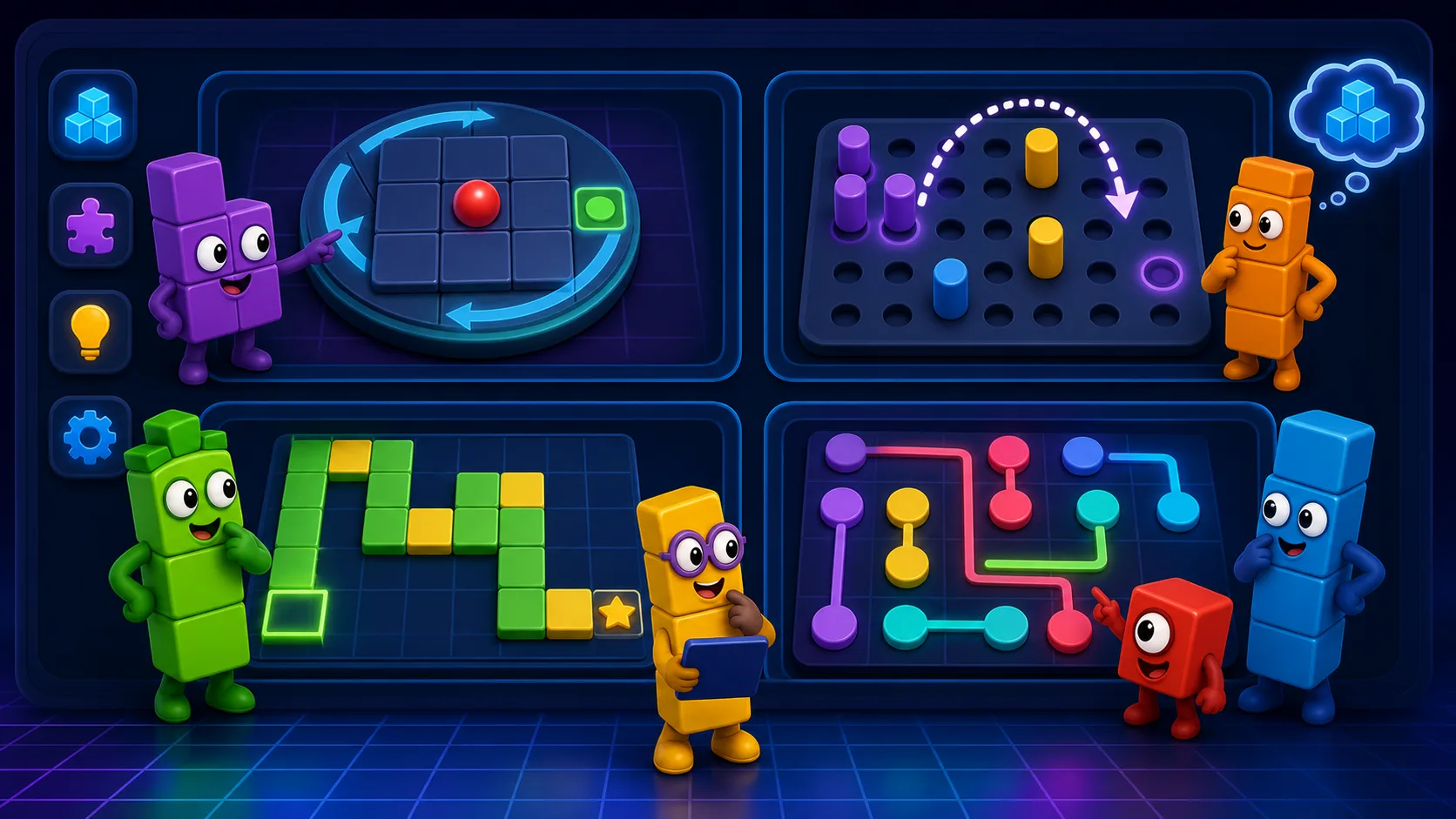 Original number-block style guide artwork showing four logic puzzle boards for rotation, peg hops, tile paths, and line connections.