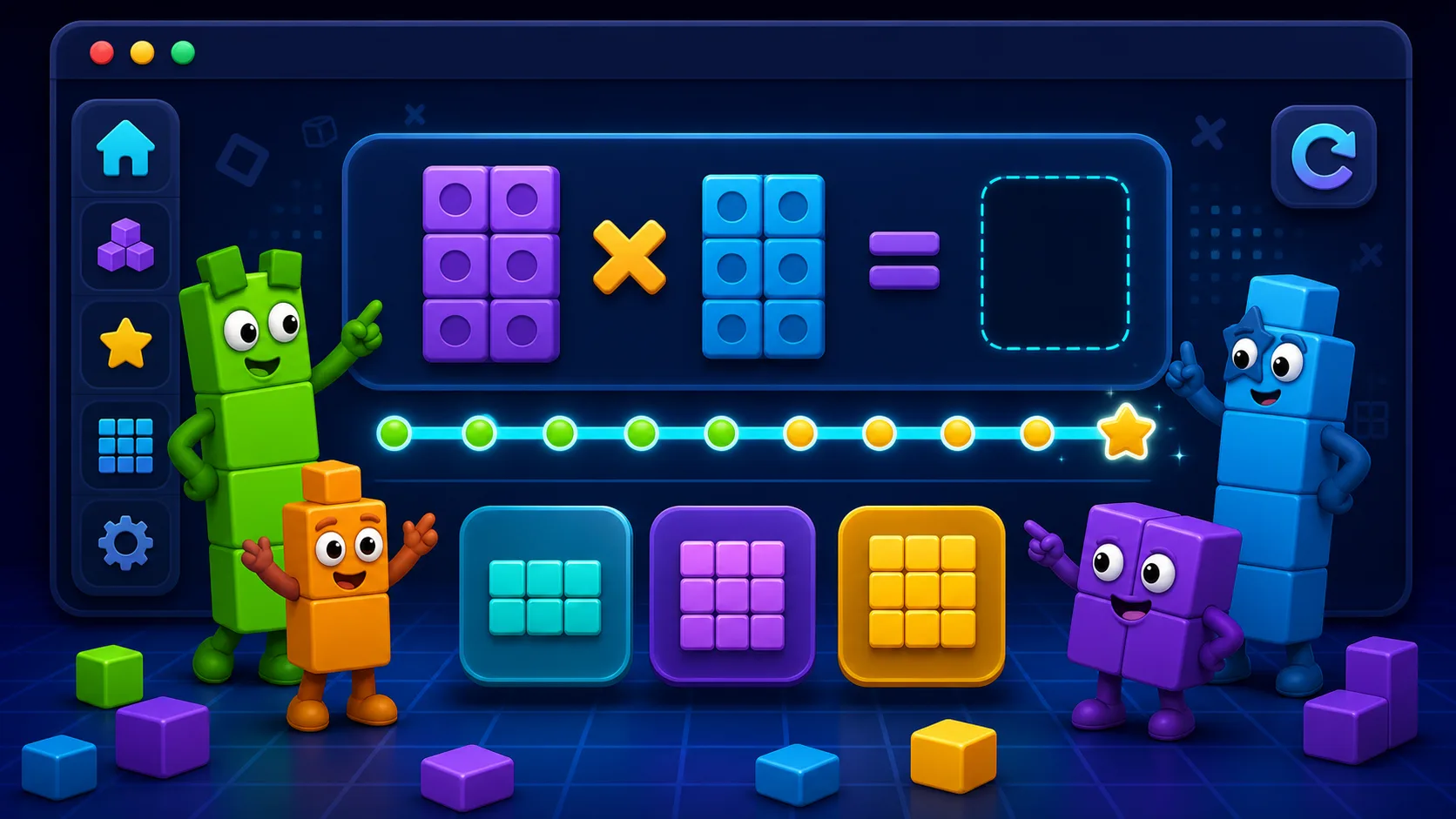 Original number-block style guide artwork showing a multiplication practice board with colorful cube characters and answer buttons.