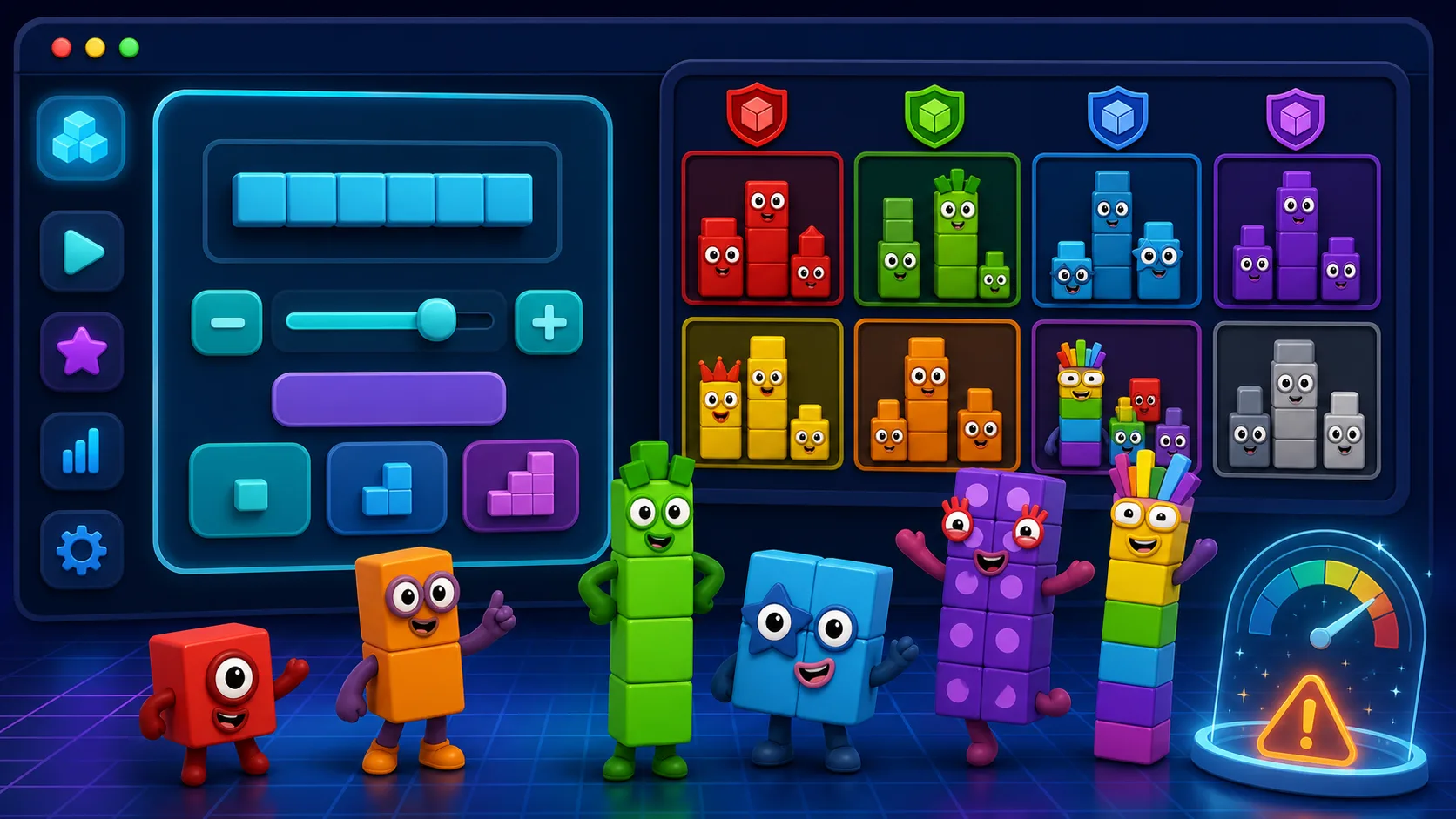 Original number-block style guide artwork showing colorful block characters, a control menu, and a clubs board.