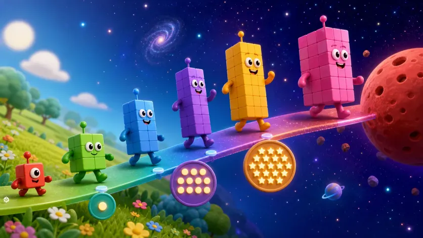 Original cube characters growing larger along a path from a grassy field into outer space.