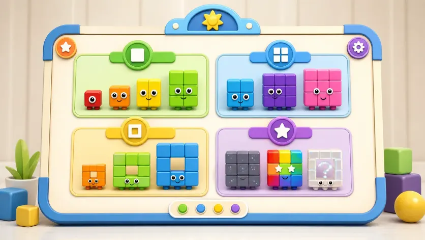 Original cube characters grouped into colorful category panels on a collection board.