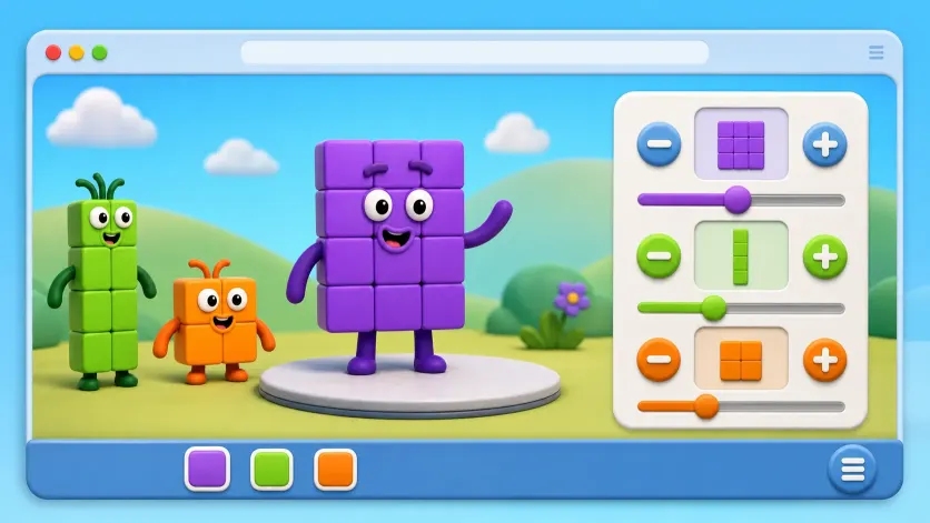 Original colorful cube characters beside a browser game control panel with buttons and sliders.